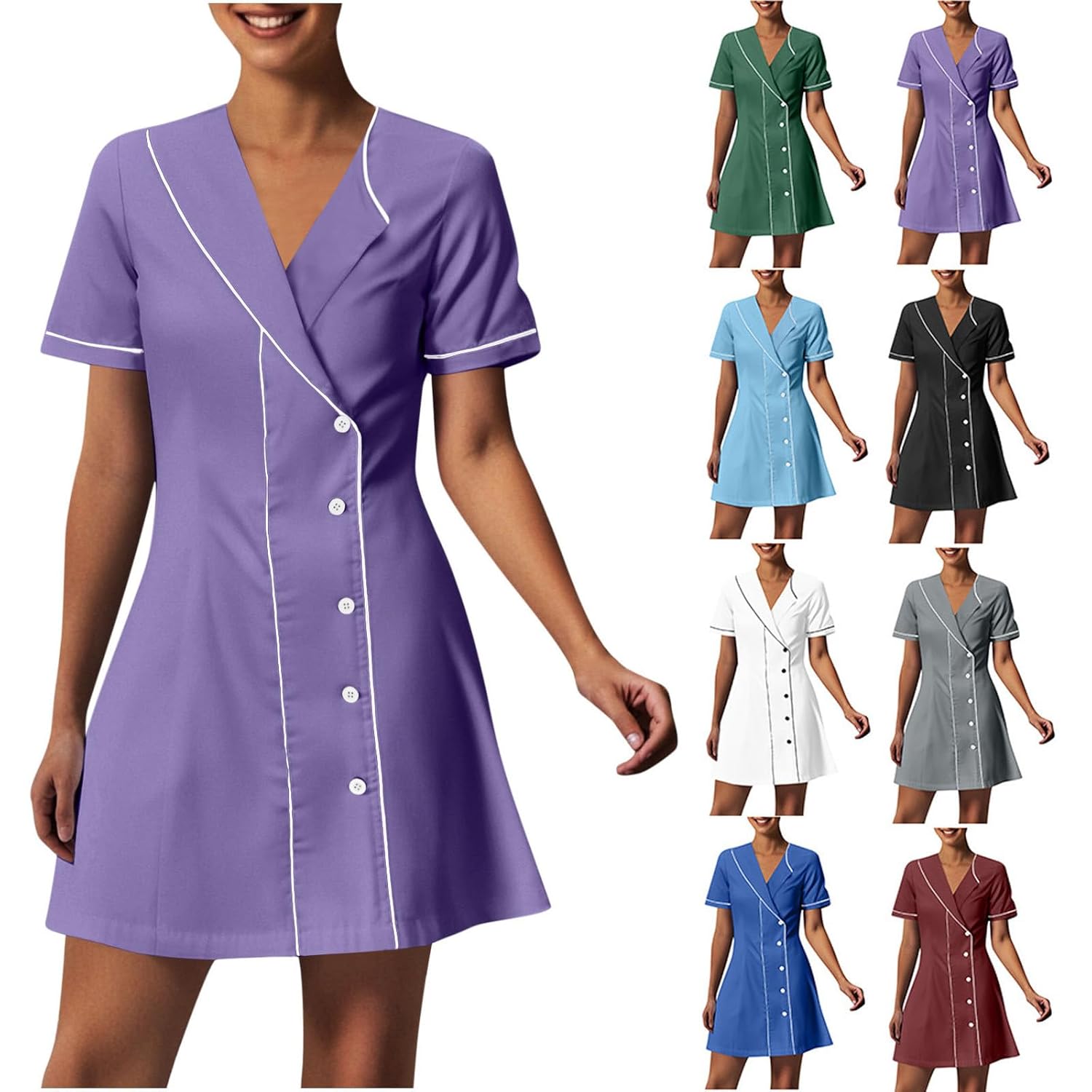 Sinzelimin Womens Nurse Midi Dresses Fashion Striped V-Neck Short Sleeves Button Down Loose Comfy Shirt Dress Work Uniform