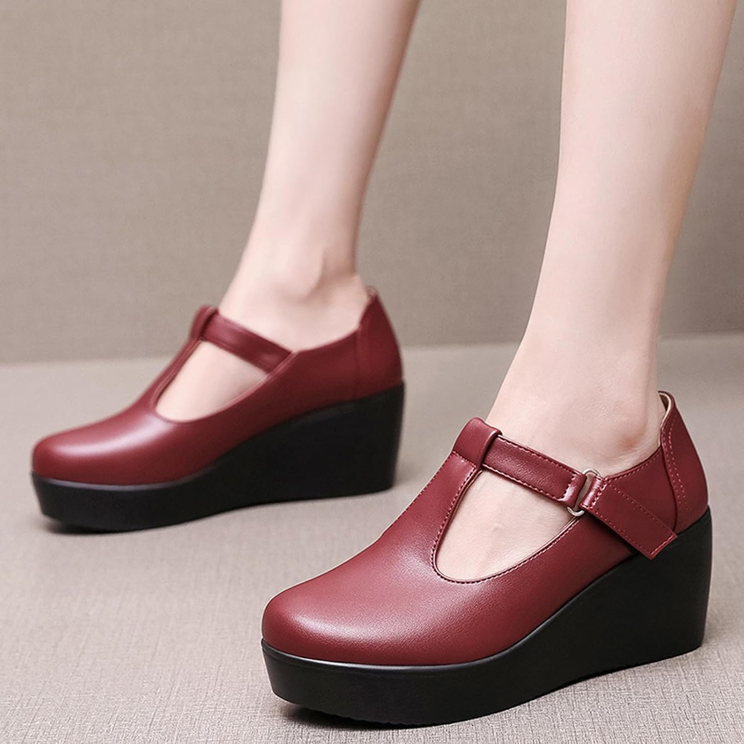 Women's Leather T-Strap Platform Wedge Mary Jane Shoes Comfort Round Toe Ankle Strap Non-Slip Casual Soft Cute School Dress Shoes for Work Outdoor Office - Image 3