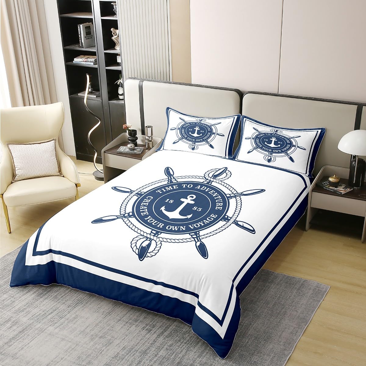 Homemissing Ancre Volant 100% Cotone Copripiumino 140x200cm Tema Nautico Set Biancheria da Letto Decorativo Marina Avventura Set Parure da Letto Oceano Set di Biancheria da Letto 2 Pezzi