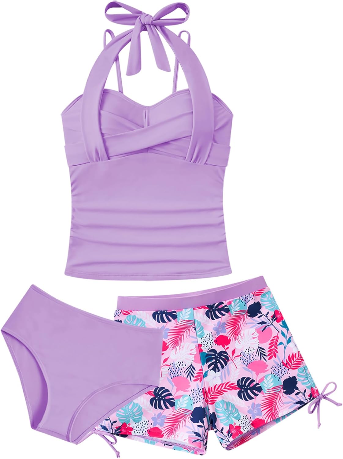 Girls Tankini Swimsuit with Short 3 Piece Halter Adjustable Bathing Suits for Girls Size 9-16