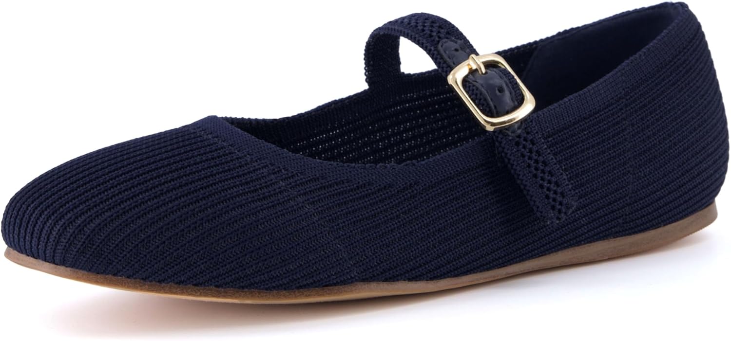 CUSHIONAIRE Women's Petal Mary Jane Knit Flat – Stretchy Textured Fabric, Adjustable Strap, Memory Foam, Available in Wide Widths, Comfortable & Lightweight