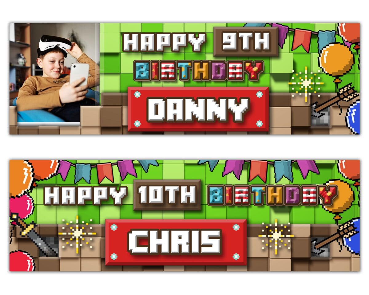 personalised birthday banner outdoor backdrop photo pixel video game theme children kids boy girl party poster decoration custom celebration banner