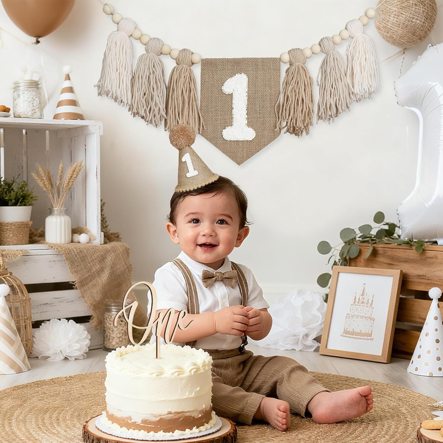 Striscione per seggiolone per primo compleanno, decorazione per primi ragazzi, cappello a cono cachi con un topper per torta sfondo fotografico (Kahaki 2)