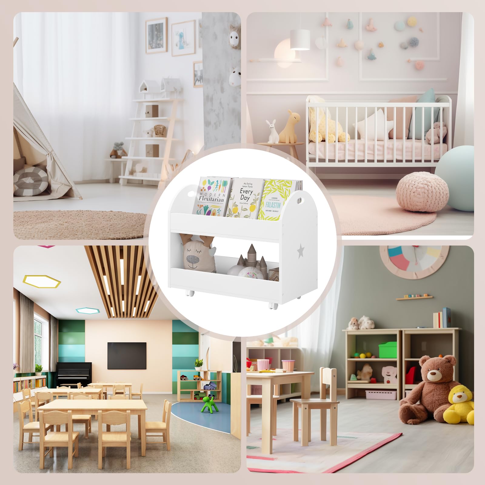 Lestarain Spielzeugkiste mit Rollen, Kinderzimmer Regal, Spielzeugregal mit 2 Ebenen, bewegliches Aufbewahrungsregal, Kinderregal für Bücher Spielzeug