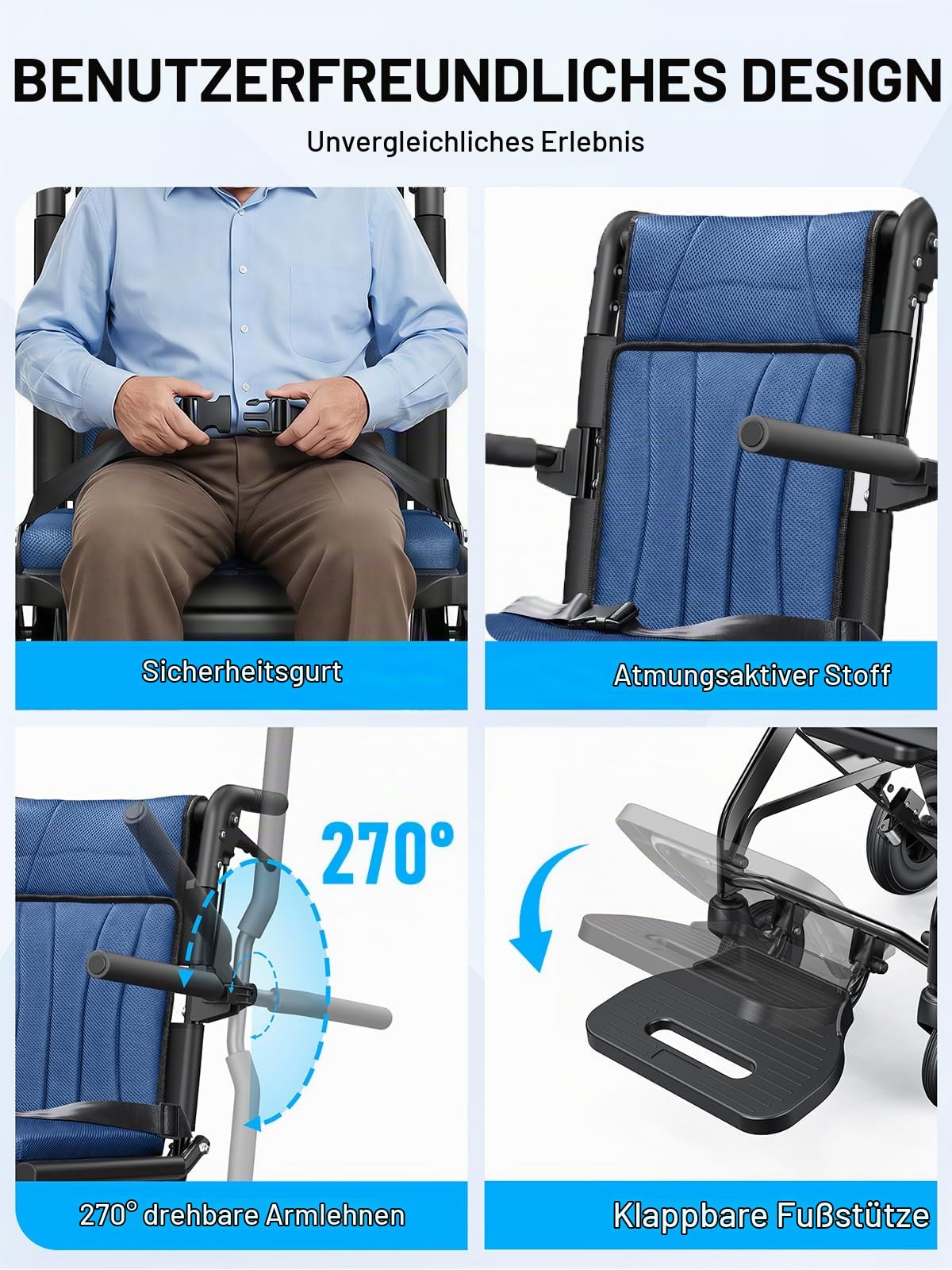 Rollstuhl Faltbar Leicht, Ultraleicht Transportrollstuhl faltbar mit Teleskopgriff, Kompakter Tragbarer Reise-Klapprollstuhl für Behinderte and ältere (Blau)