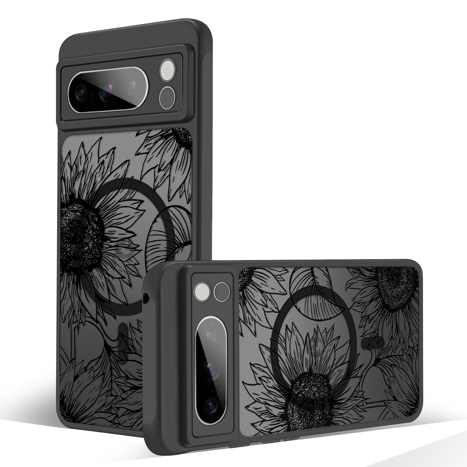 Oxytter Magnetic Case for Google Pixel 8 Pro [Compatible with MagSafe] Black Flower Floral Pattern Case for Women Girls Soft TPU Bumper Hard PC Back Anti-Fall Shockproof Protective Slim Cover A5