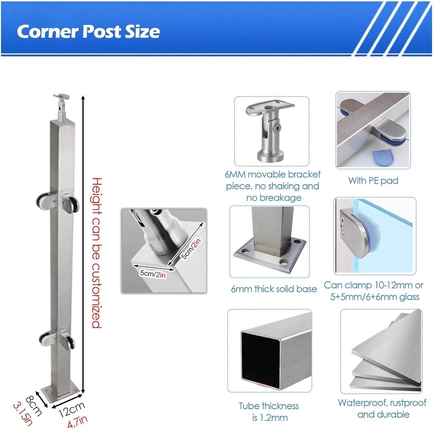 TIST Indoor Corridor Staircase Glass Balustrade Post High Stainless Steel Square Glass Balustrade Post with Clip-on Glass Balustrade End/mid/Corner Post(Color Grey,H95cm)