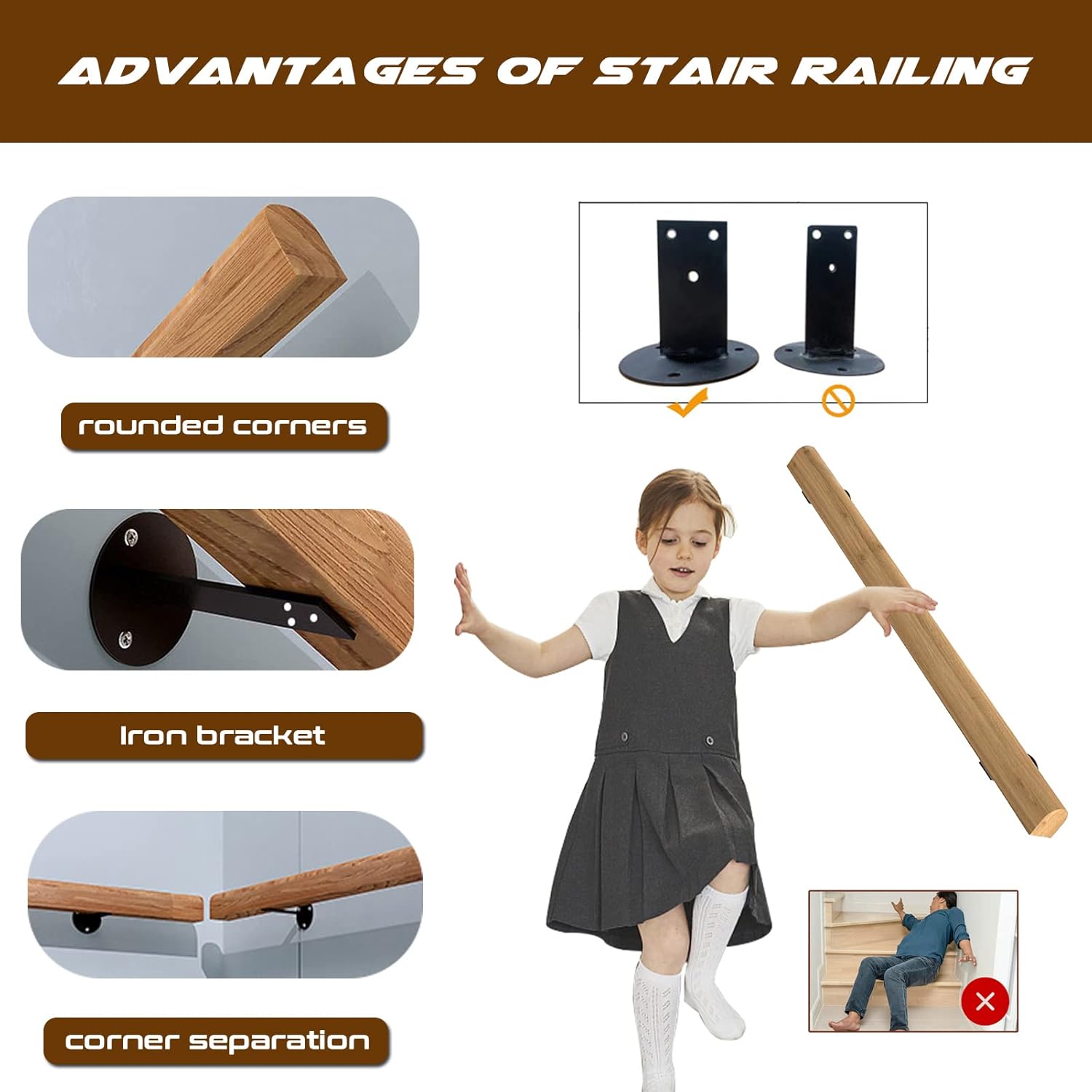 Wood Handrails Complete Kit, Wall-Mounted Banister Rail Decking Railings Non-Slip Stair Rail Support Rod for Indoor Outdoor, Easy to Install 3.2ft(100cm)