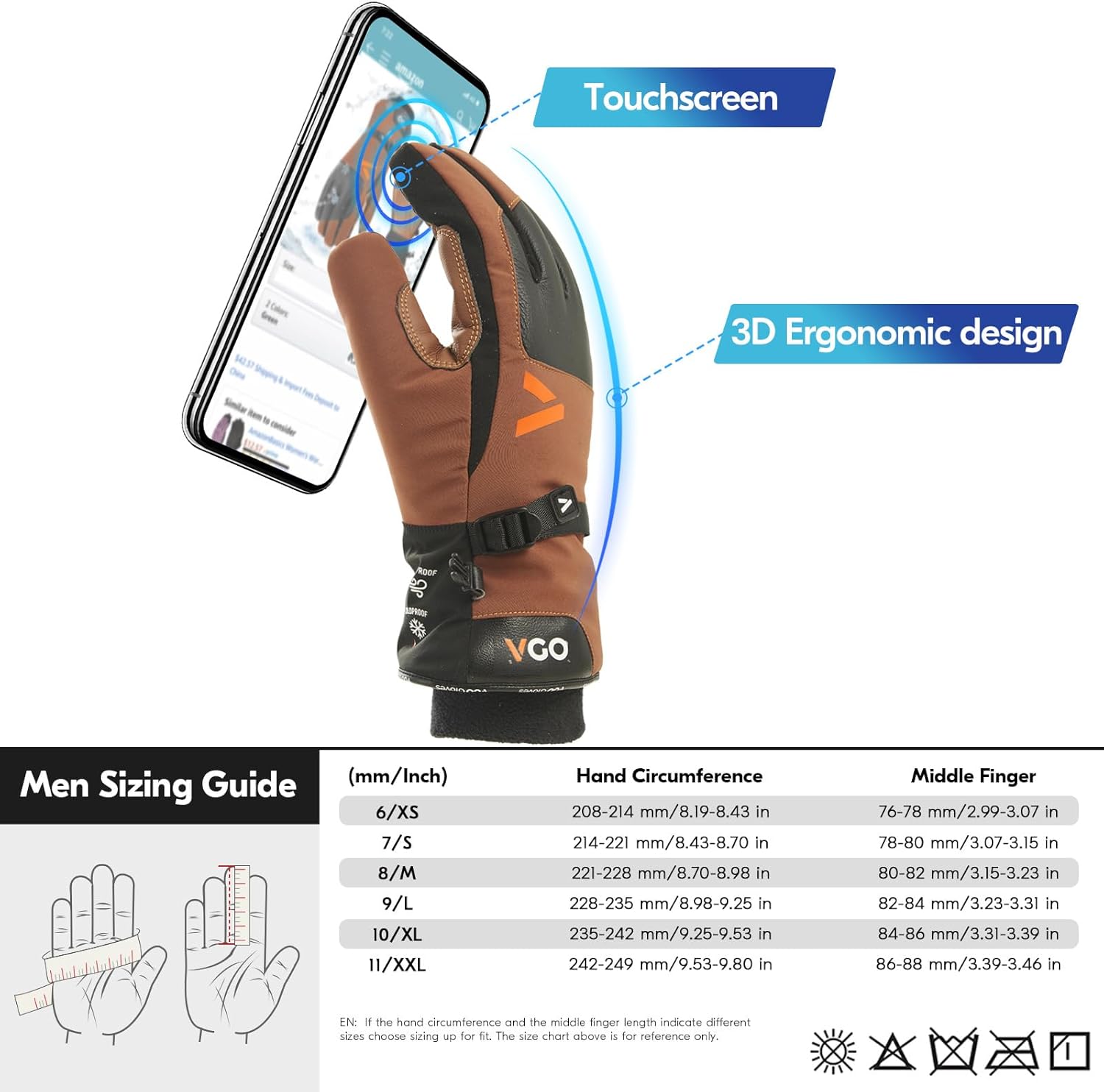 Vgo... -20℃/-4°F Waterproof Winter Work Gloves Cold Weather Waterproof Work Gloves Waterproof Insulated Gloves Cow Leather Gloves(1 Pair,XL,Brown,CA7759FLWP) - Image 6