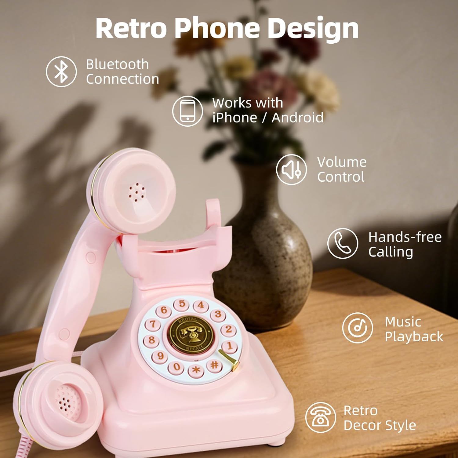 Vintage Bluetooth Phone, Retro Desk Telephone with Gold Accents, Loud Nostalgic Ringtones, Bluetooth Connects to Smartphone for Home & Office, Pink