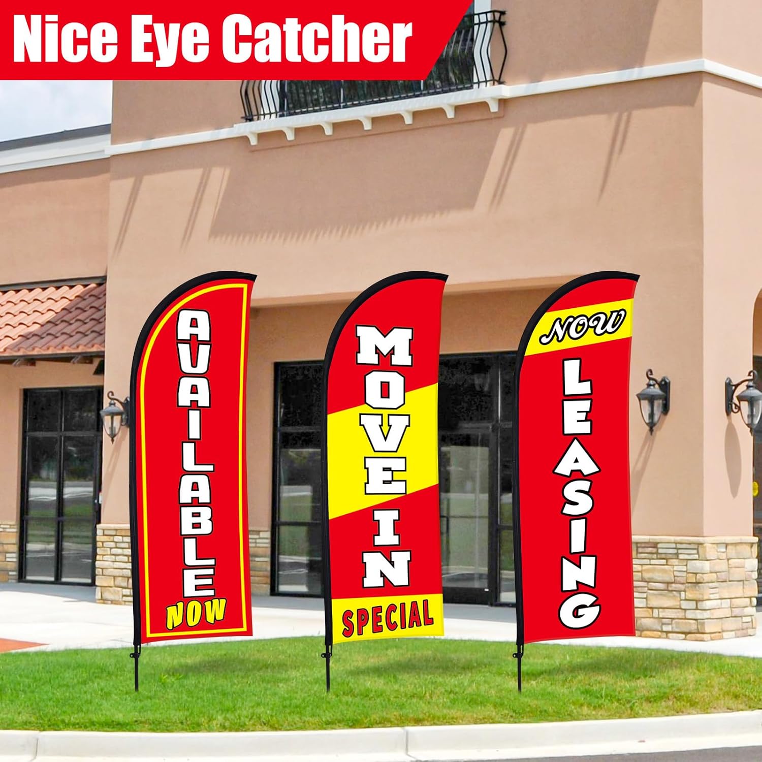 Buryeah 3 Set Feather Flag Kit Now Leasing Move in Special Available Flag with Pole Ground Stake and Bag 7 ft Leasing Sign for Advertising Renting Welcome Banner for Outside Ground(Red)