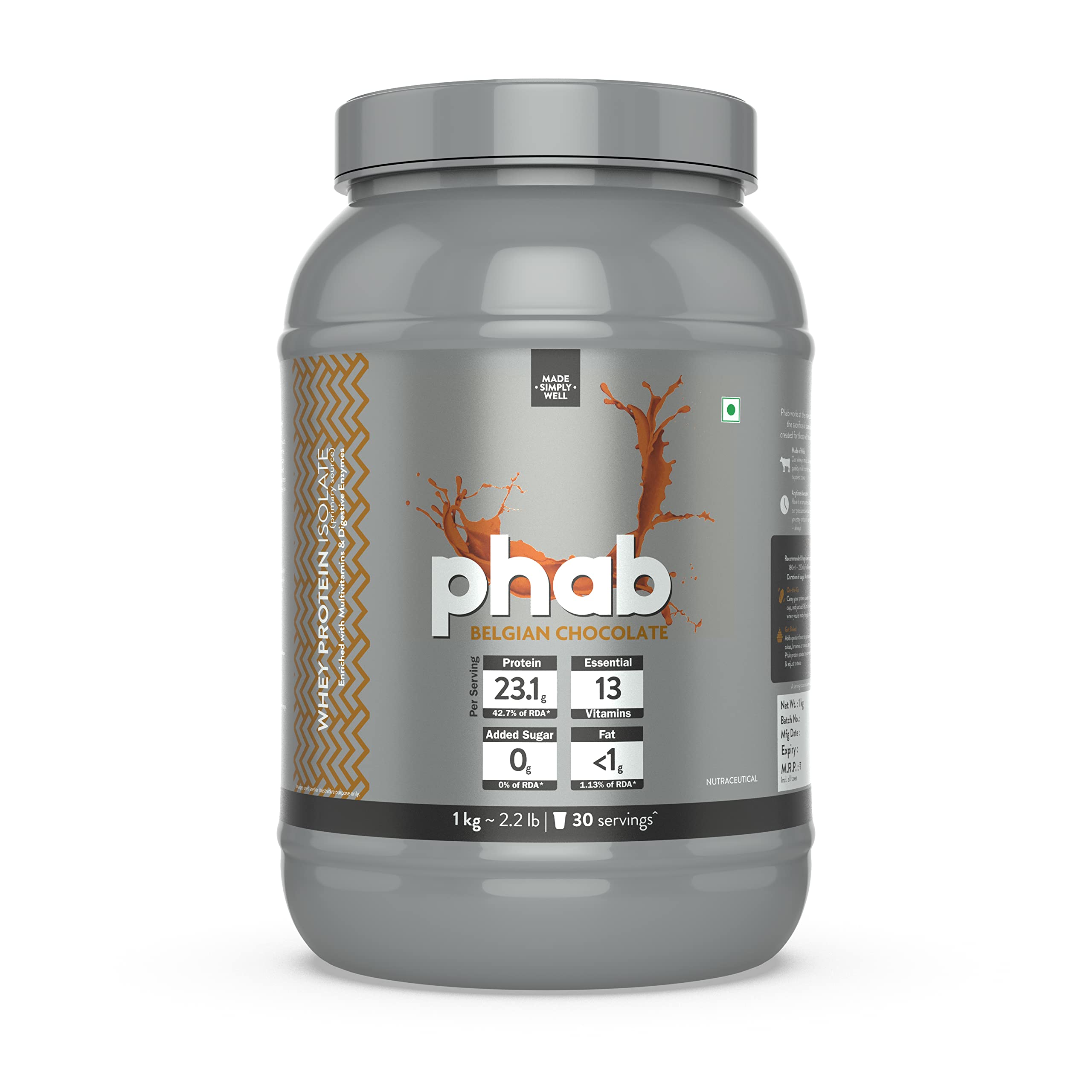 Phab 100% Whey Protein Isolate Blend | 1kg | 23.1g Protein | 5g BCAA | 10.80g EAAs | Glutamine | Muscle Building & Recovery, Bone Strength | No Bulking agent, Easy to digest- Belgian Chocolate (B0BMB19TXB) Amazon Price History, Amazon Price Tracker