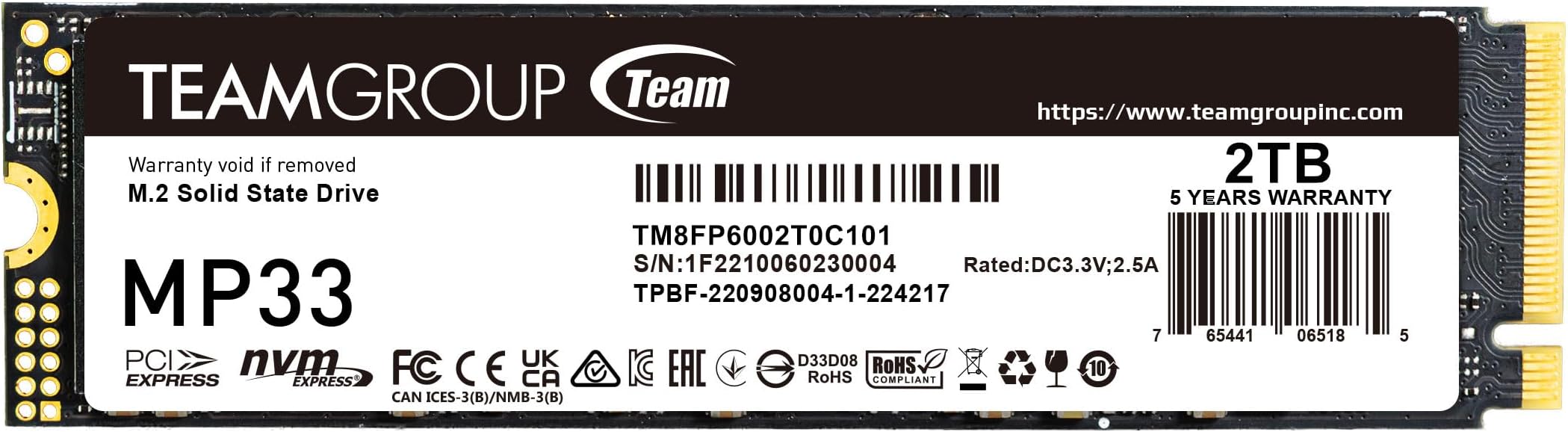 TEAMGROUP MP33 2TB SLC Cache 3D NAND TLC NVMe 1.3 PCIe Gen3x4 M.2 2280 Internal Solid State Drive SSD (Read/Write Speed up to 1,800/1,500 MB/s) Compatible with Laptop & PC Desktop TM8FP6002T0C101