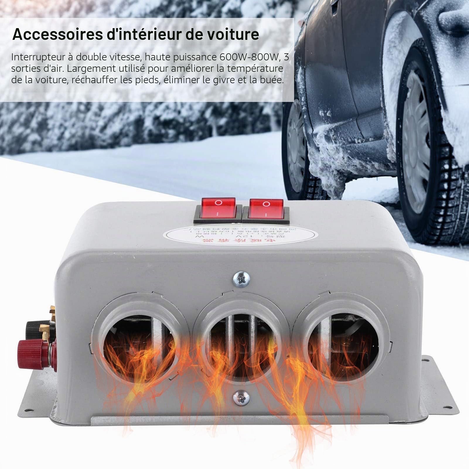 Jenngaoo Chauffage-Dégivreur Voiture 12V 600W-800W, Chauffage d'Intérieur Auto Compact 3 Trous, Système de Désembuage Rapide à Faible Bruit pour Hiver, Dégivrage Pare-Brise et Vitres