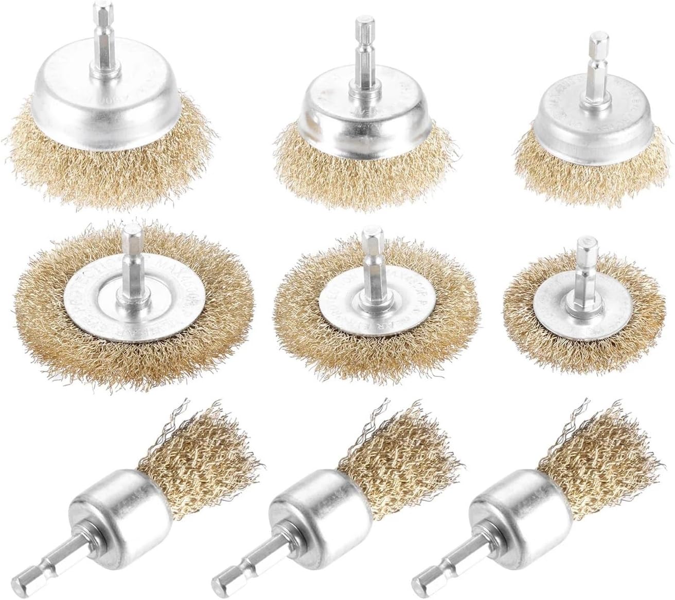 9Pcs 1/4 Inch Hex Shank Wire Wheel Brush For Drill Abrasive Brass Coated Cup Brushes For Rust Removal, Corrosion, Paint Cleaning