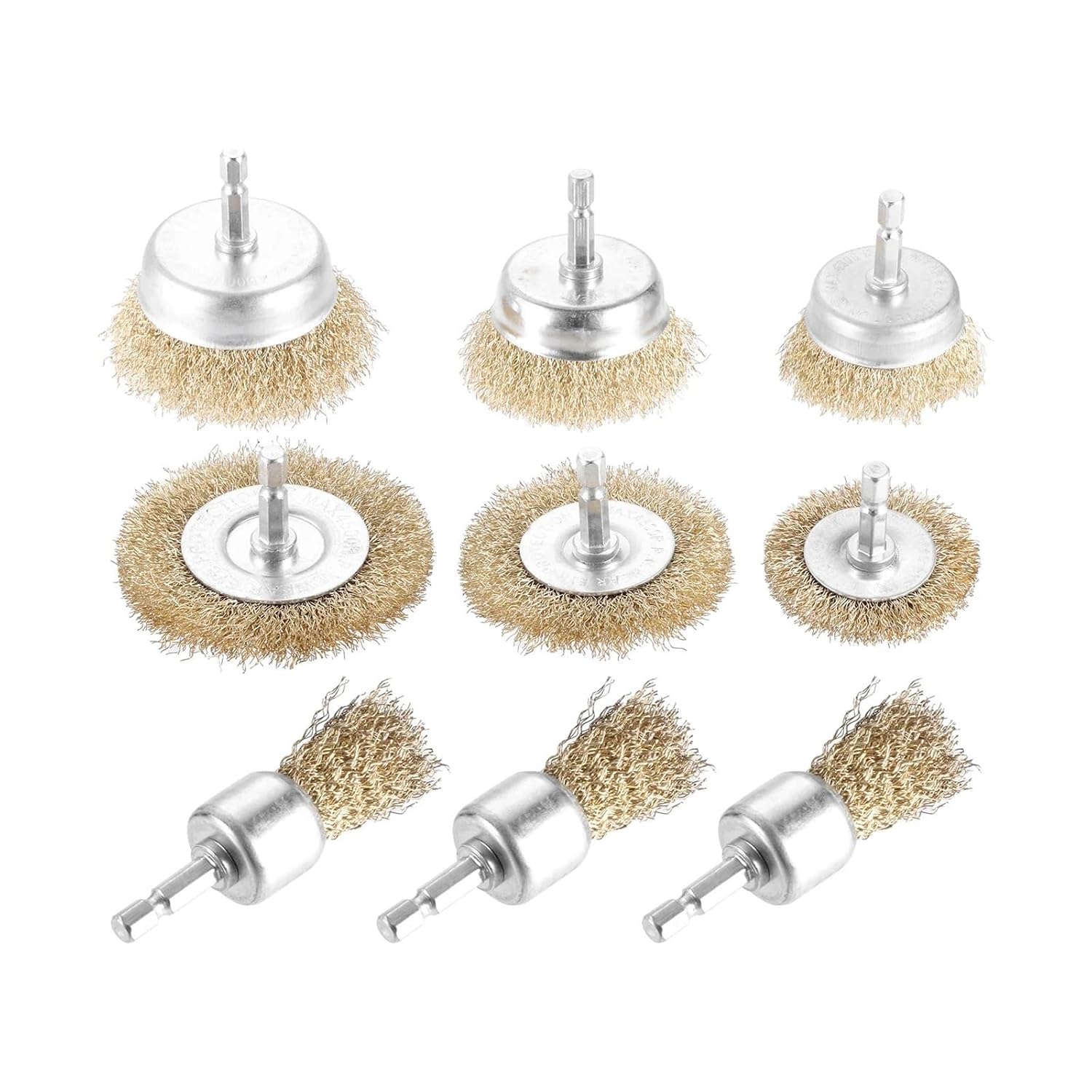 9Pcs 1/4 Inch Hex Shank Wire Wheel Brush for Drill Abrasive Brass Coated Cup Brushes