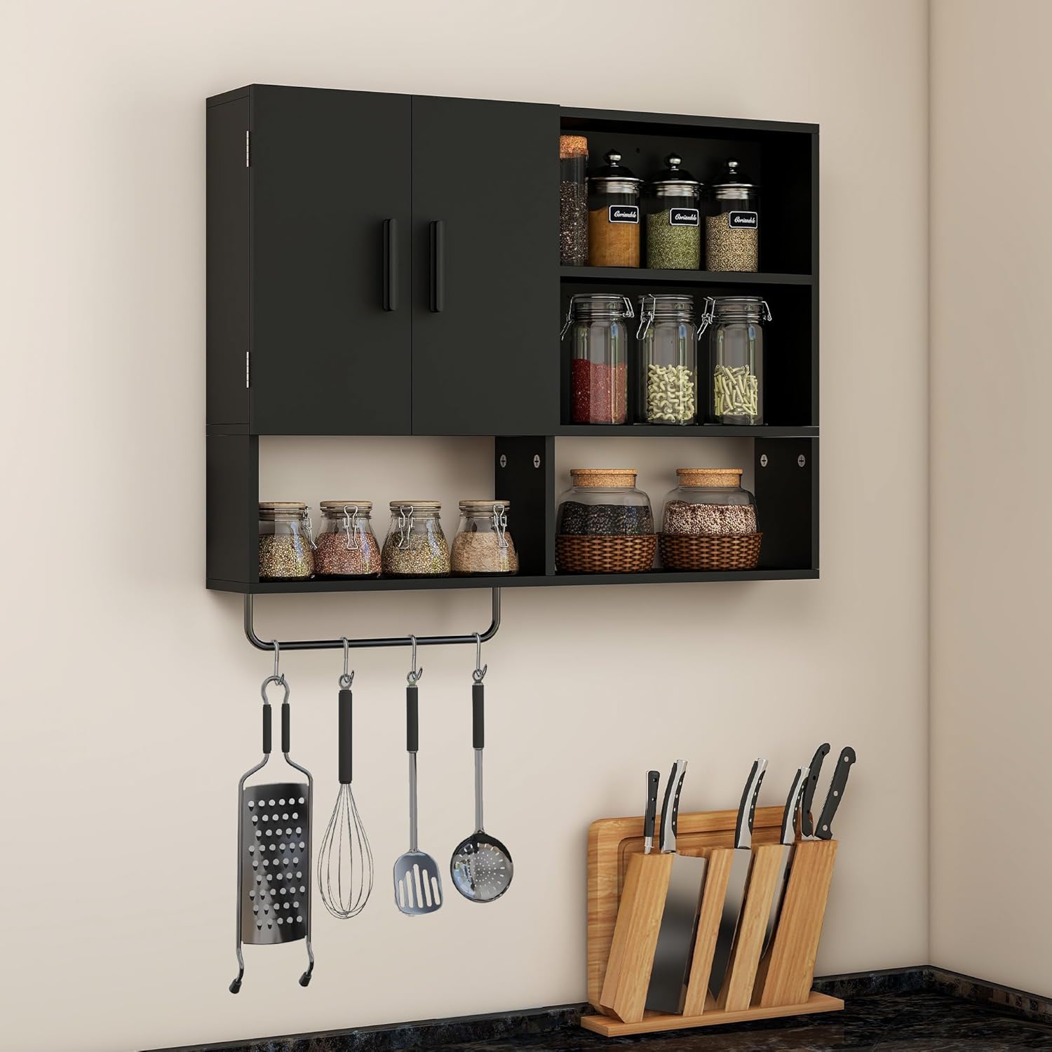 Medicine Cabinet, Wooden Bathroom Wall Cabinet with 2 Doors, Adjustable Shelves & Towel Bar, Over Toilet Storage Cabinet Wall Mounted for Kitchen & Laundry, Black