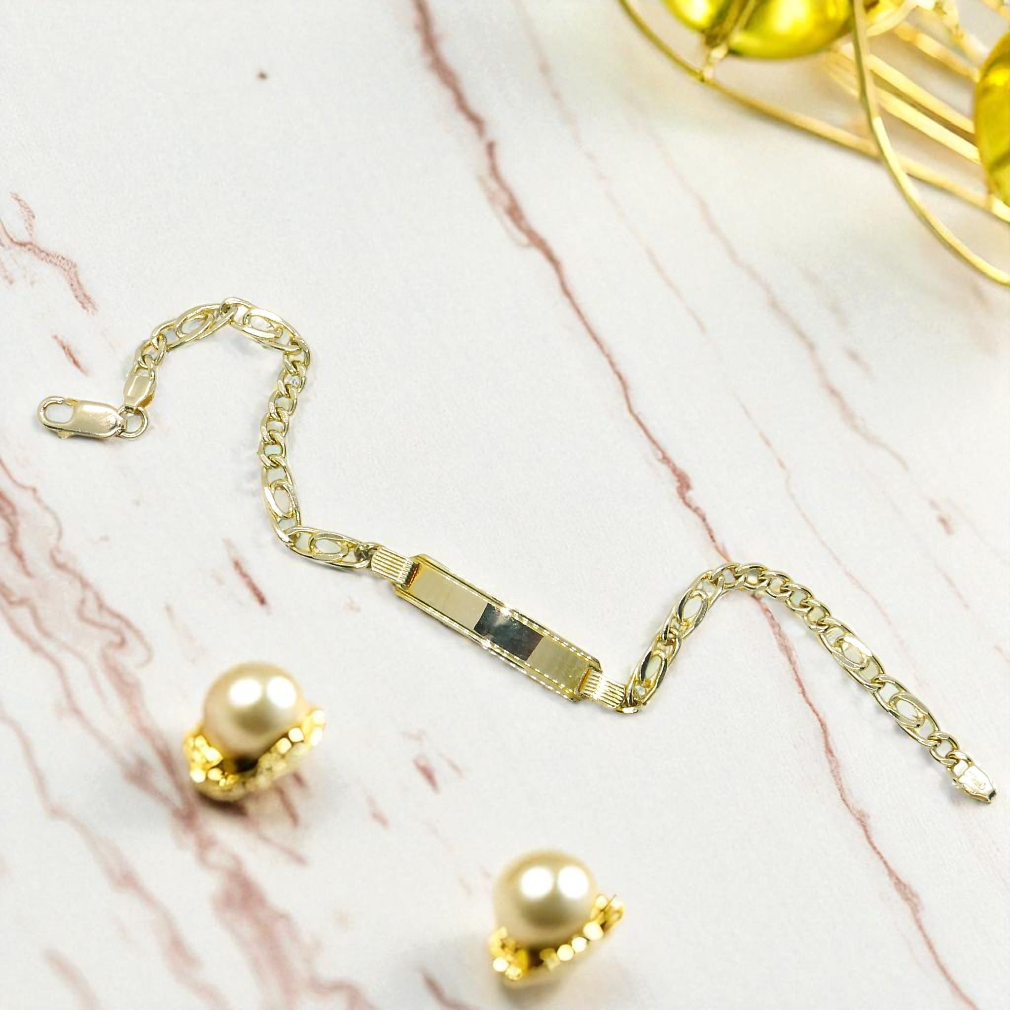 Never Say Never Braccialetto per comunione in oro giallo 18 carati, per bambino, con targhetta personalizzabile – 18,5 cm – 4,0 mm – 6,25 g