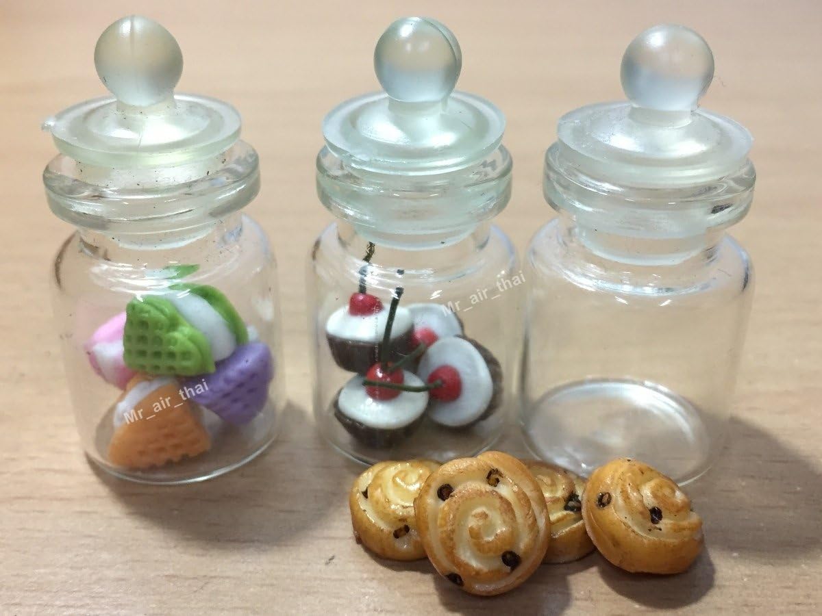 3pc Miniature Chocolate Food Cake Dollhouse Donut Cookie Candy in Clear Glass Mini Bottle fruit Food #MF057