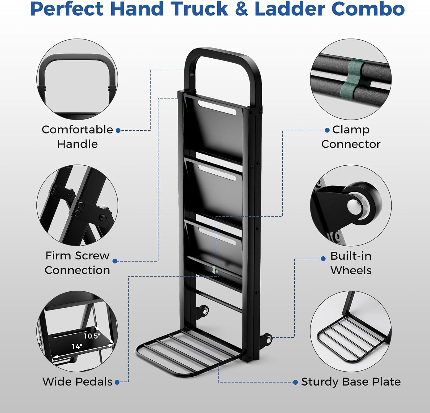 S AFSTAR 2-in-1 Folding Ladder & Hand Truck Combo, 3-Step Step Ladder with Wheels, Convertible Hand Cart with Wide Steps, 550 Max Load, Heavy-Duty Metal Dolly Cart Ladder for Home Office Garage