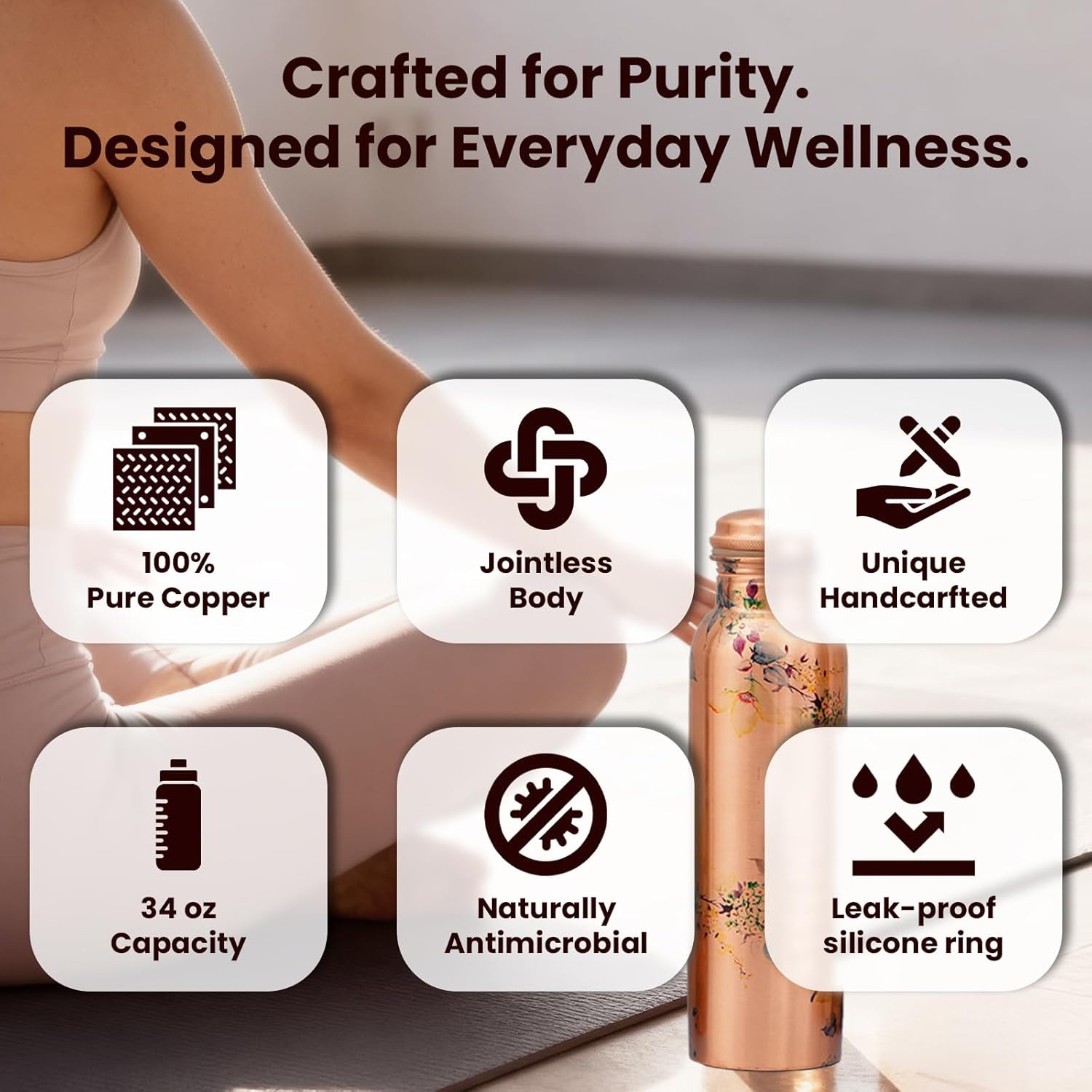 Craft Trade 100% Pure Copper Water Bottle 34 Oz, Ayurveda inspired Copper Bottle for Drinking, Handcarfted Floral Design with Jute Carry Case – Boosts Immunity & Digestion, Leak-Proof, BPA-Free - 2PK - Image 7