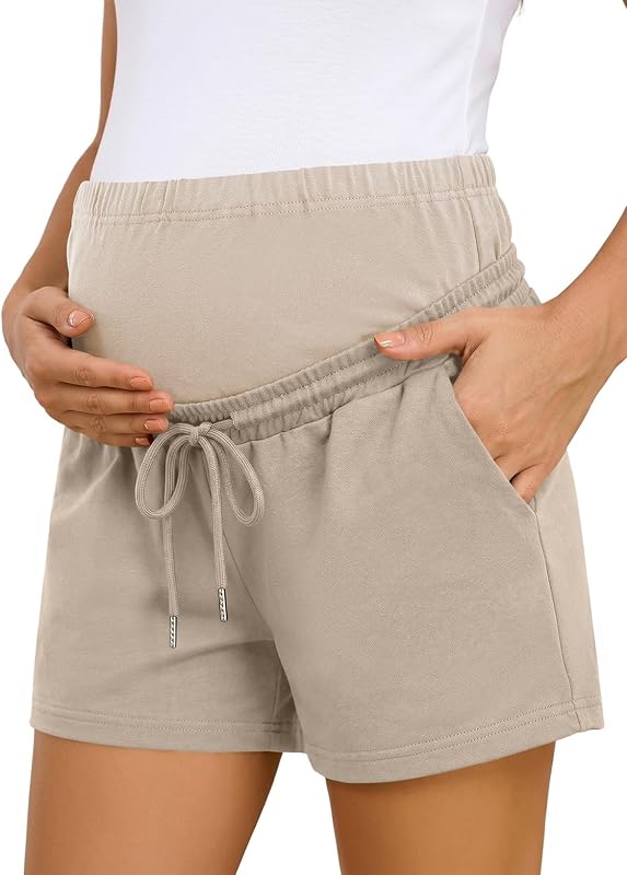 Pantalones cortos de maternidad Cómodos pantalones cortos de salón con cintura con cordón y bolsillos | Pantalones cortos de maternidad para mujer, informales, de verano, elásticos, cintura ajustable, atléticos, pantalones cortos de motociclista, ropa de embarazo con bolsillos