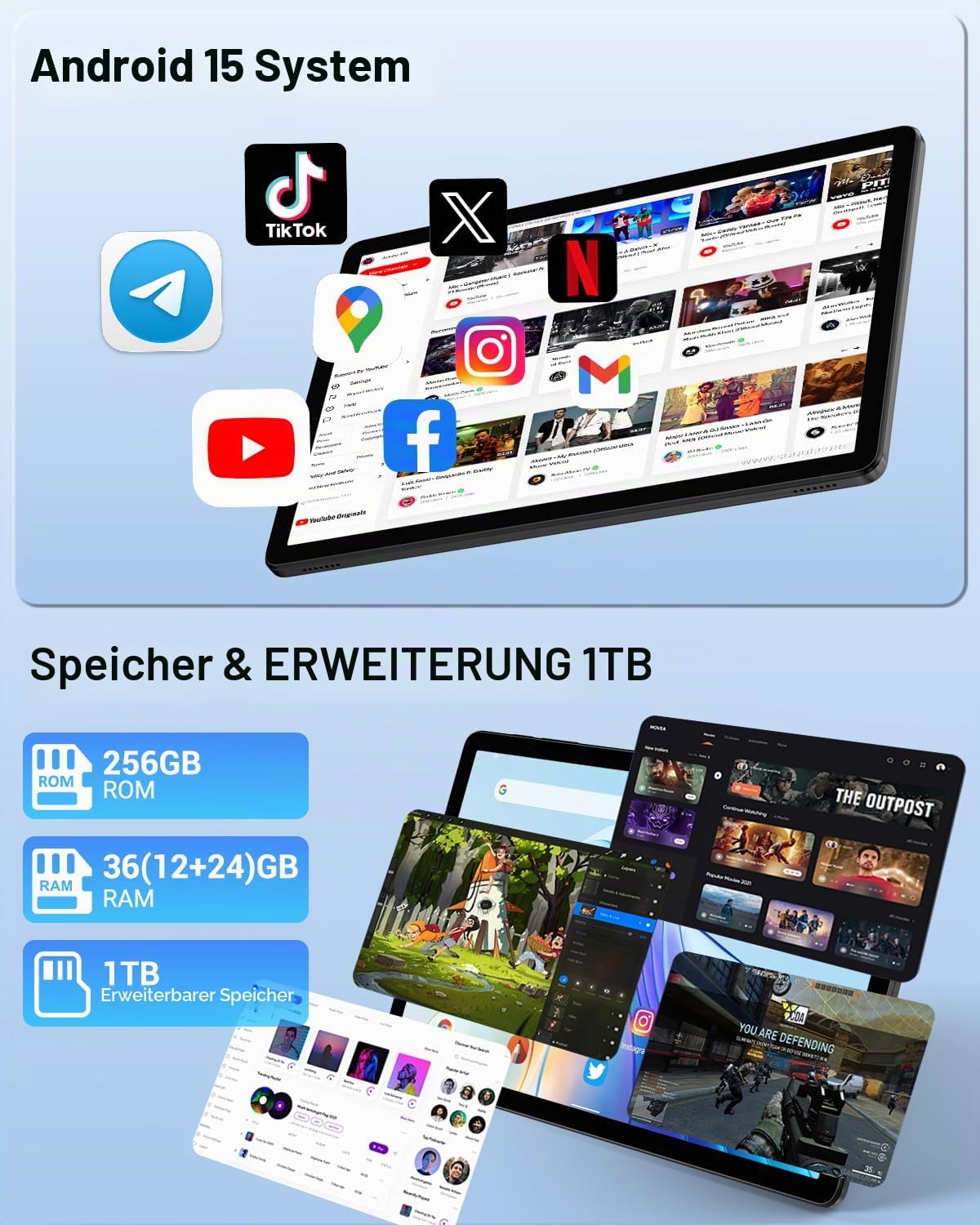Tablet Touchscreen 11 Zoll, Android 15, 36 GB RAM 512 GB ROM/1 TB, 4G LTE Dual SIM + WiFi 5G, Octa Core, Gemini AI, 13 MP + 8 MP, 9580 mAh, GPS, Tablet mit Tastatur/Kopfhörer/Maus/Schutzhülle