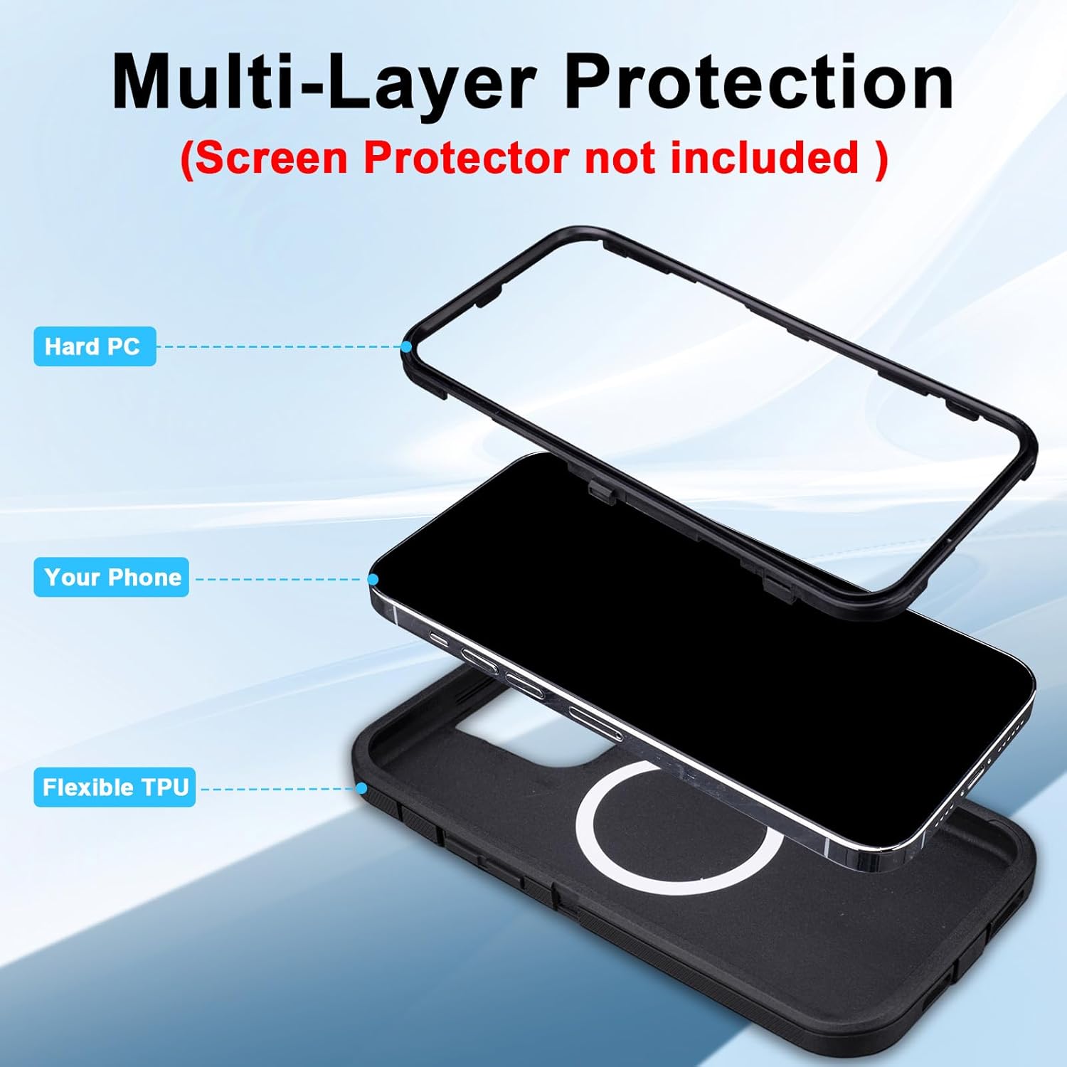 for iPhone 13 Case with Belt Clip Holster, [Compatible with MagSafe] Heavy Duty Military Grade Drop Protection, 3-Layer Rugged Shockproof for iPhone 13 Case with Kickstand, 6.1 Inch (Black)