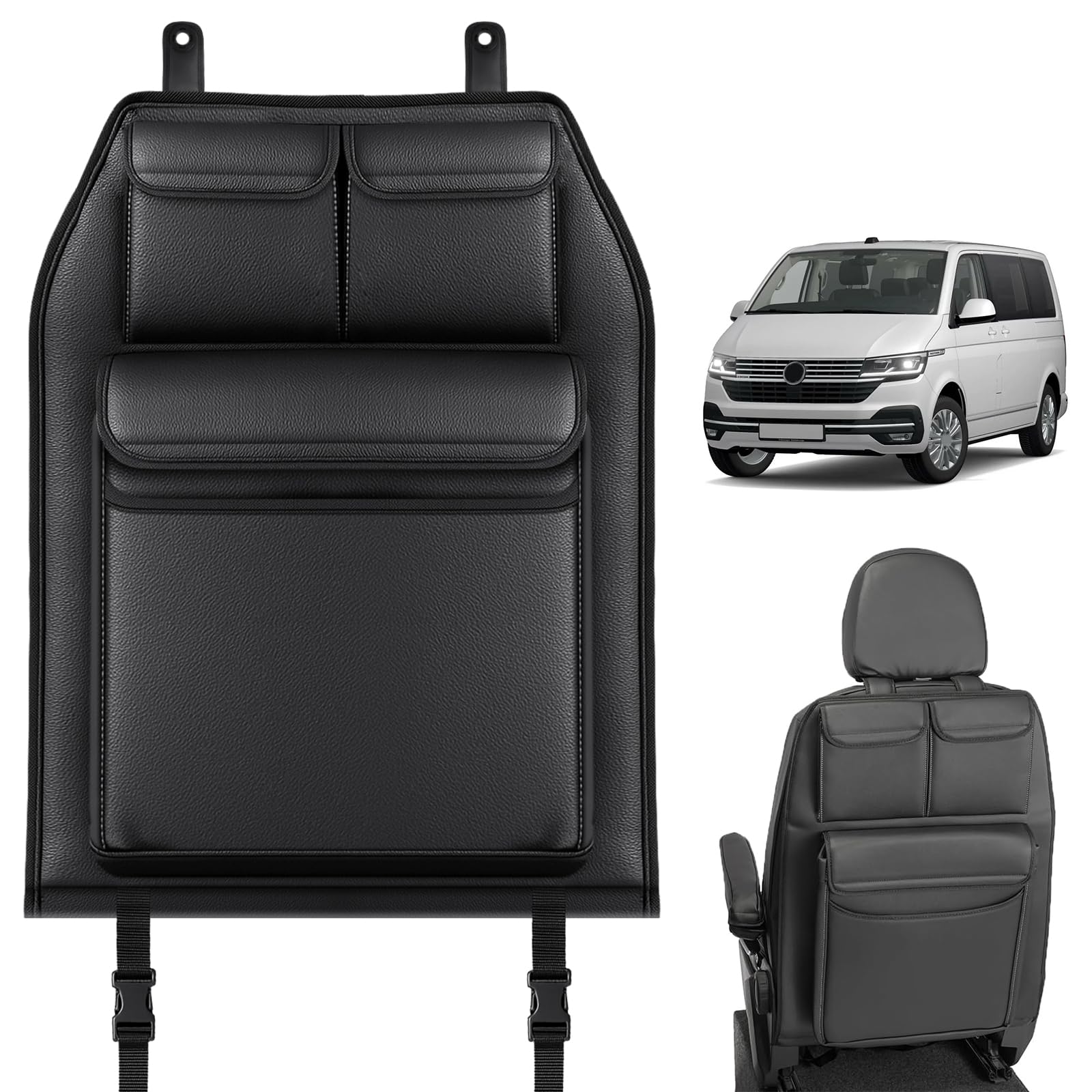 Rückenlehnen Organizer für VW Transporter T6/T6.1 California, Faltbarer Rückenlehnenschutz mit 3 Taschen, Kofferraum Organizer, Einfache Montage für Reisen und täglichen Gebrauch Kunstleder Schwarz