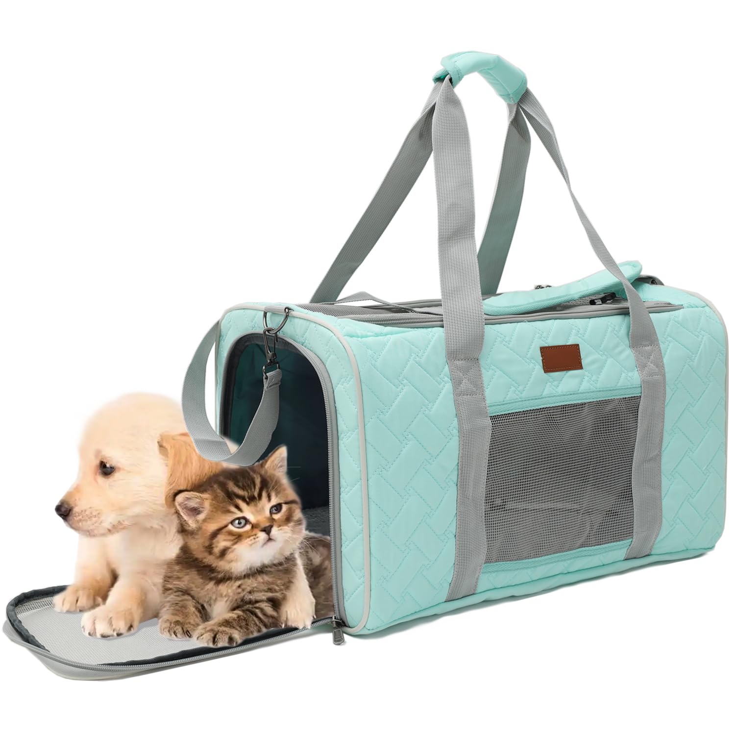 HSC PET Cat Carrier Small Dog Soft-Sided Quilted Pet Pups Bag Fit Luggage Case Traveling Outdoor Go to Vet, Side Pocket,15 lbs Puppy/18 lbs Cat or Kittens (Light Green)