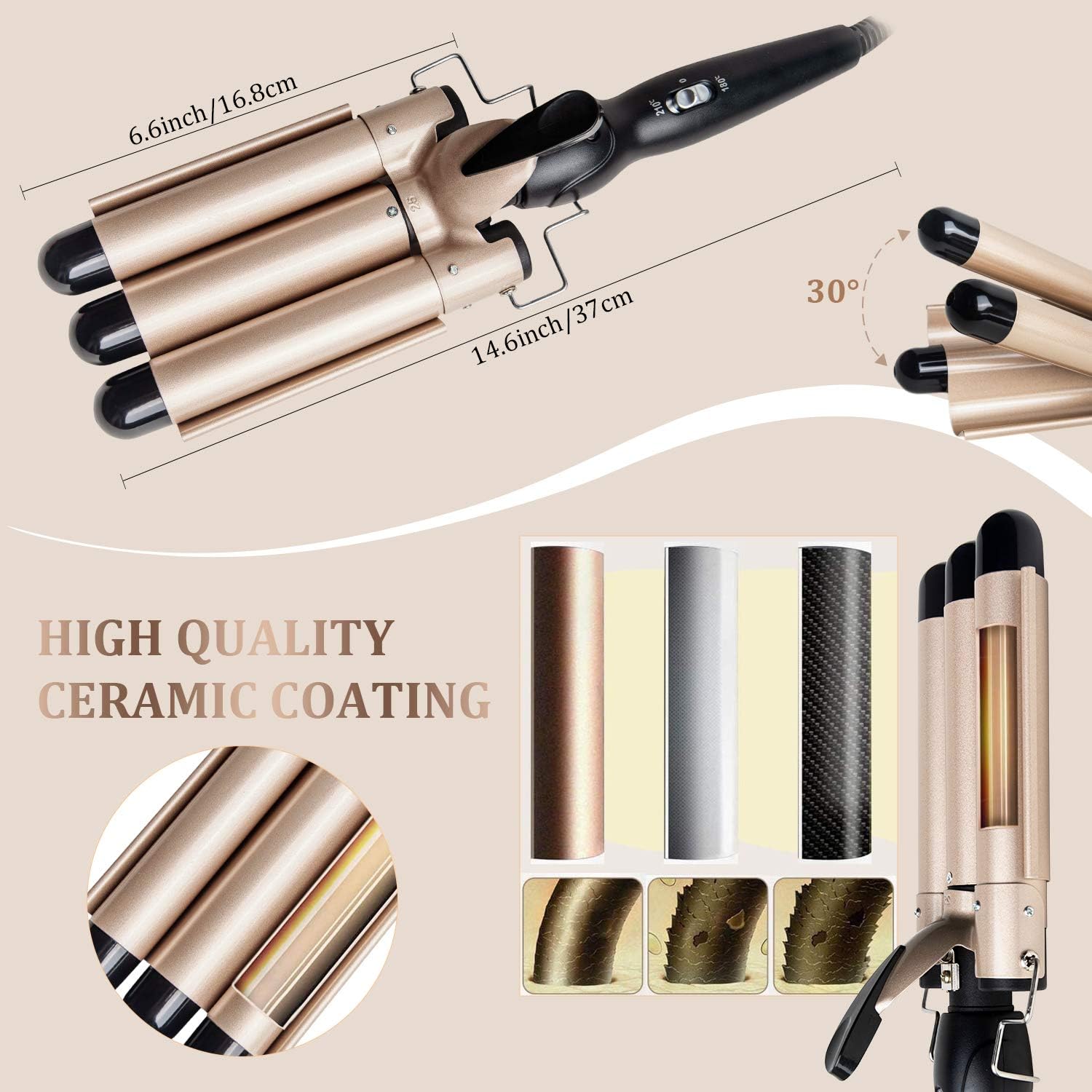 3 Barrel Curling Iron Wand Dual Voltage Hair Crimper Temperature Adjustable 25mm Hair Crimper ，1 Inch Ceramic Tourmaline Triple Barrels ，Hair Waving Styling Tools : Beauty & Personal Care