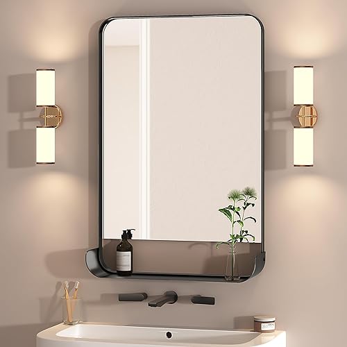 Espejo de baño con marco de metal negro para pared, 36 x 24 pulgadas, moderno espejo de tocador rectangular mate para pared de baño con estante