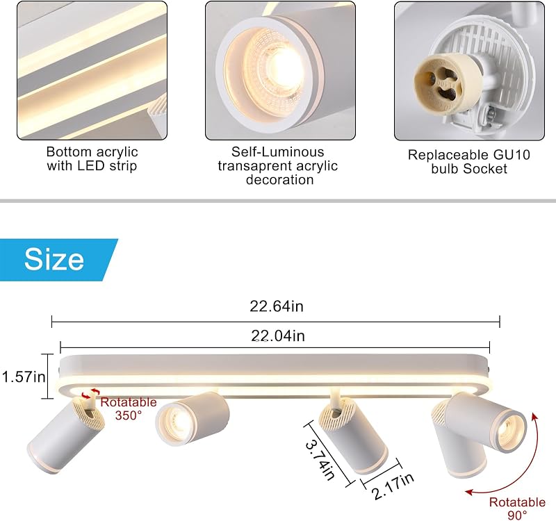 SANSHI LED Mennyezeti Lámpa 4 Spottal, 350° Forgatható Mennyezeti Spotlámpa, 36W + 4x5W GU10, Modern Fehér Alumínium, 3000K Meleg Fény