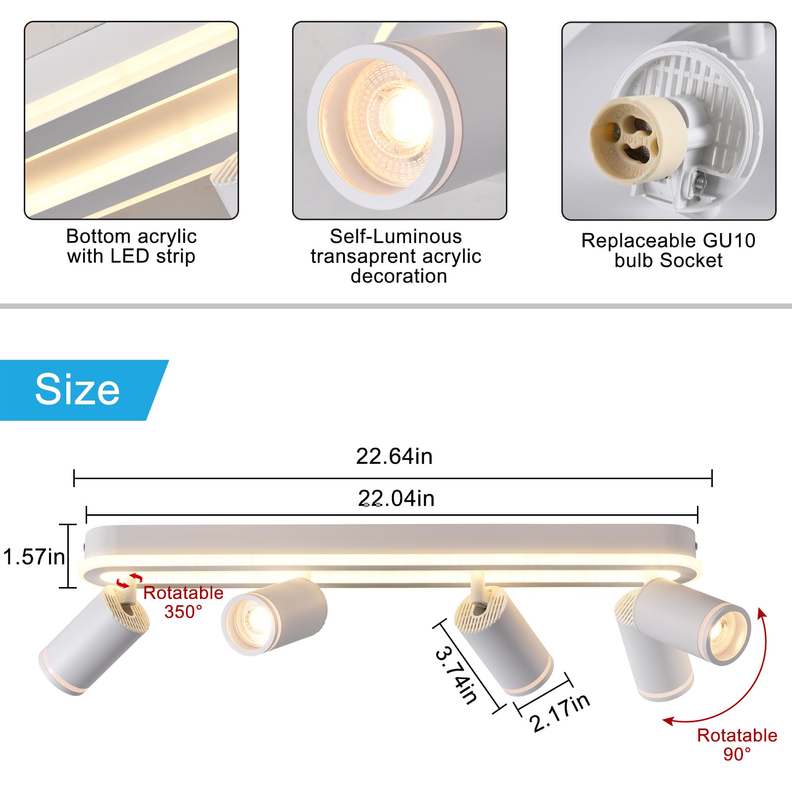 SANSHI Faretti da Soffitto Orientabili Interno LED 4 Luce,Faretti da Parete con Inferiore 36W+4x5W,GU10 Lampadario Faretti,Moderna Plafoniera Faretti Bianco Caldo 3000K per Cameretta Cucina,Bianco