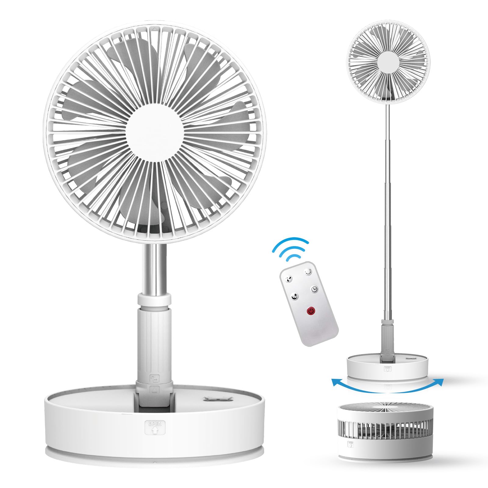 CooCoCo Portable Fan for Travel — 7200mAh Battery Operated Rechargeable Fan — Quiet Fan for Bedroom Dorm Sleeping, Foldable Oscilation Fan with Remote, Adjustable Height — 7.76-inch, Gifts for Summer