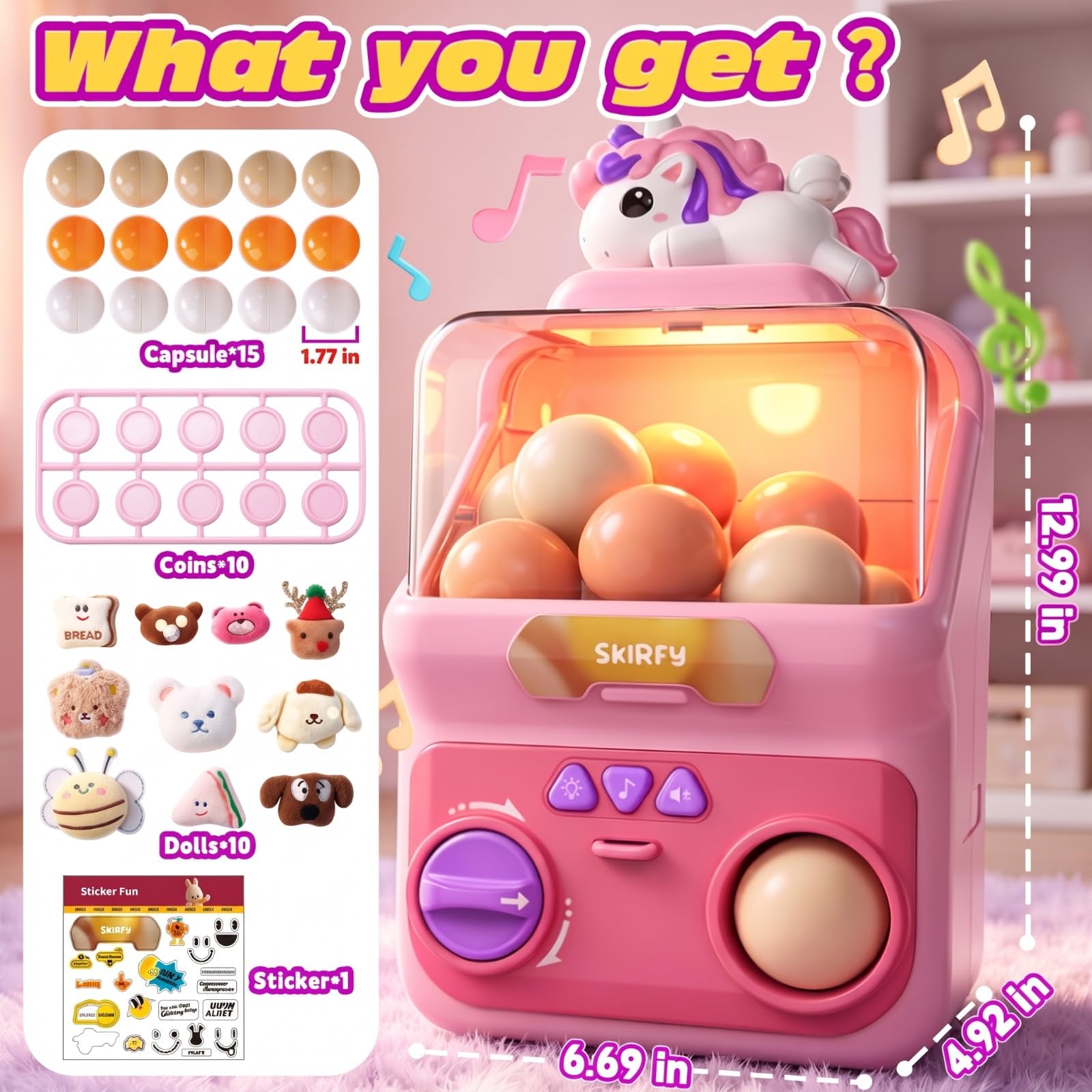 Skirfy Distributore di Capsule Unicorno con Monete per Bambini | Con 15 Capsule da 45 mm, 10 Peluche, Luci e Suoni, Macchina Premio per Feste e Regali Bambine 6+