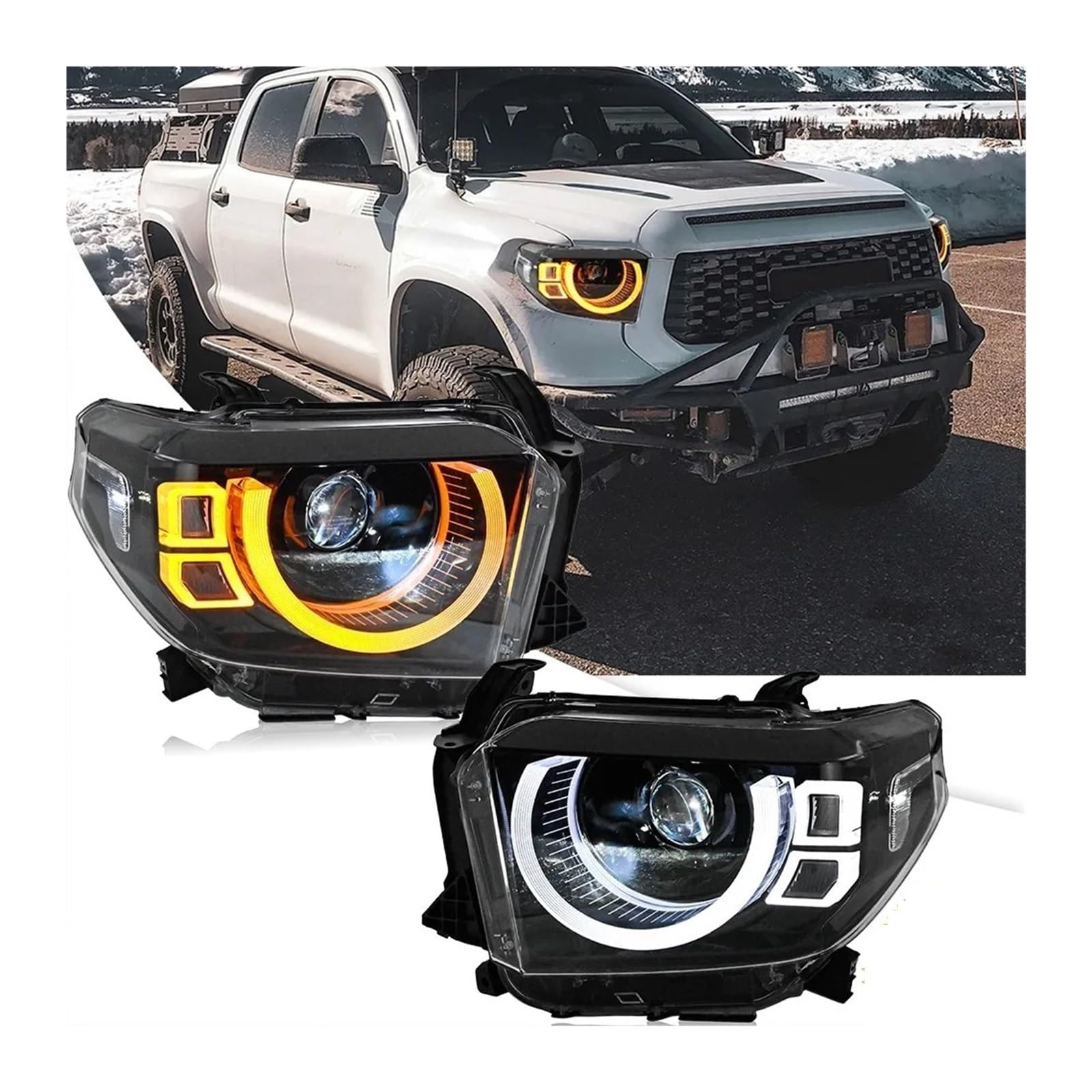 Gruppo fari Anteriori per Toyota Tundra 2014-2021, 1 Set Completo di fari a proiettore con indicatori di direzione sequenziali.