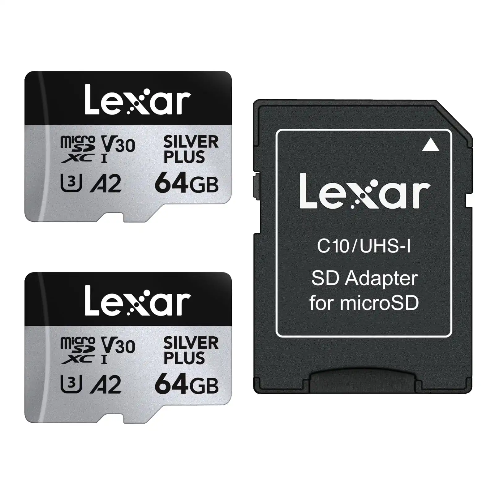 Lexar Silver Plus Micro SD Karte 64GB 2-Pack, Bis zu 205 MB/s Lesegeschwindigkeit, 100MB/s Schreibgeschwindigkeit, Speicherkarte Micro SD mit Adapter, UHS-I, A2, U3, V30, Klasse 10, 4K UHD microSDXC