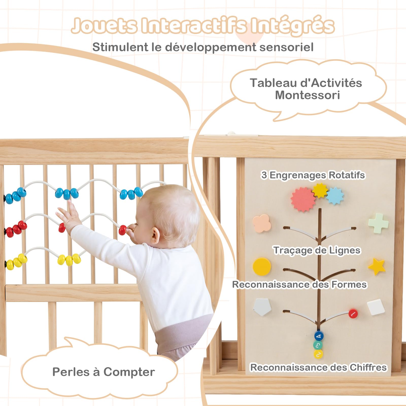 COSTWAY Parc Bébé Bois Pin, Porte Verrouillable et Jouets Montessori, Large Barrière de Sécurité 8 Panneaux, Parc Bebe Modulable pour Tout-petits 6 à 24 Mois, 160 x 160 x 61,5 CM