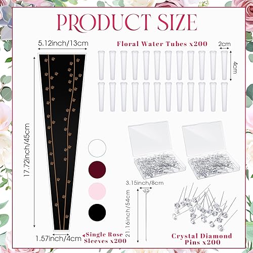 Miniatura 2 de Beeveer Juego de 600 piezas de envoltura de flores individuales, 200 fundas de rosas individuales, 200 tubos de agua florales, 200 alfileres de ramo