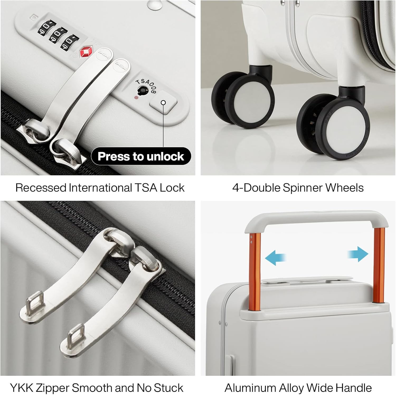 mixi Carry On Luggage 20'' Suitcase with Front Laptop Pocket, Wide Handle Rolling Travel Suitcases PC Hardshell with Aluminum Frame Spinner Wheels & TSA Lock, Carry-On Luggage(Smoke White) - Image 4