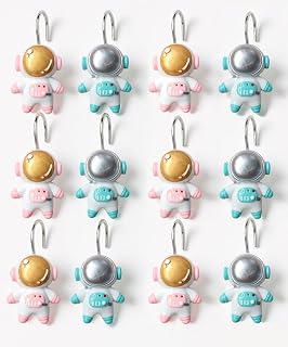 12 Pack Oversized Astronaut Shower Curtain Hooks - 2.16" (55mm) Astronaut Figure, Space Explorer Themed Hooks, Space Bathroom Decor for Kids and Adults