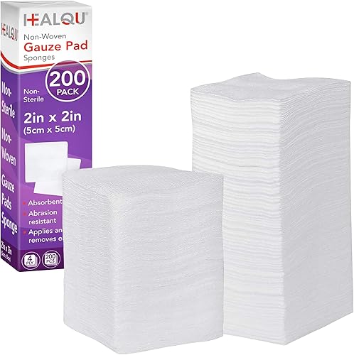 HEALQU Almohadillas de gasa de 2 x 2 pulgadas, paquete de 200 esponjas no tejidas de 4 capas, no estériles, esponjas dentales y quirúrgicas
