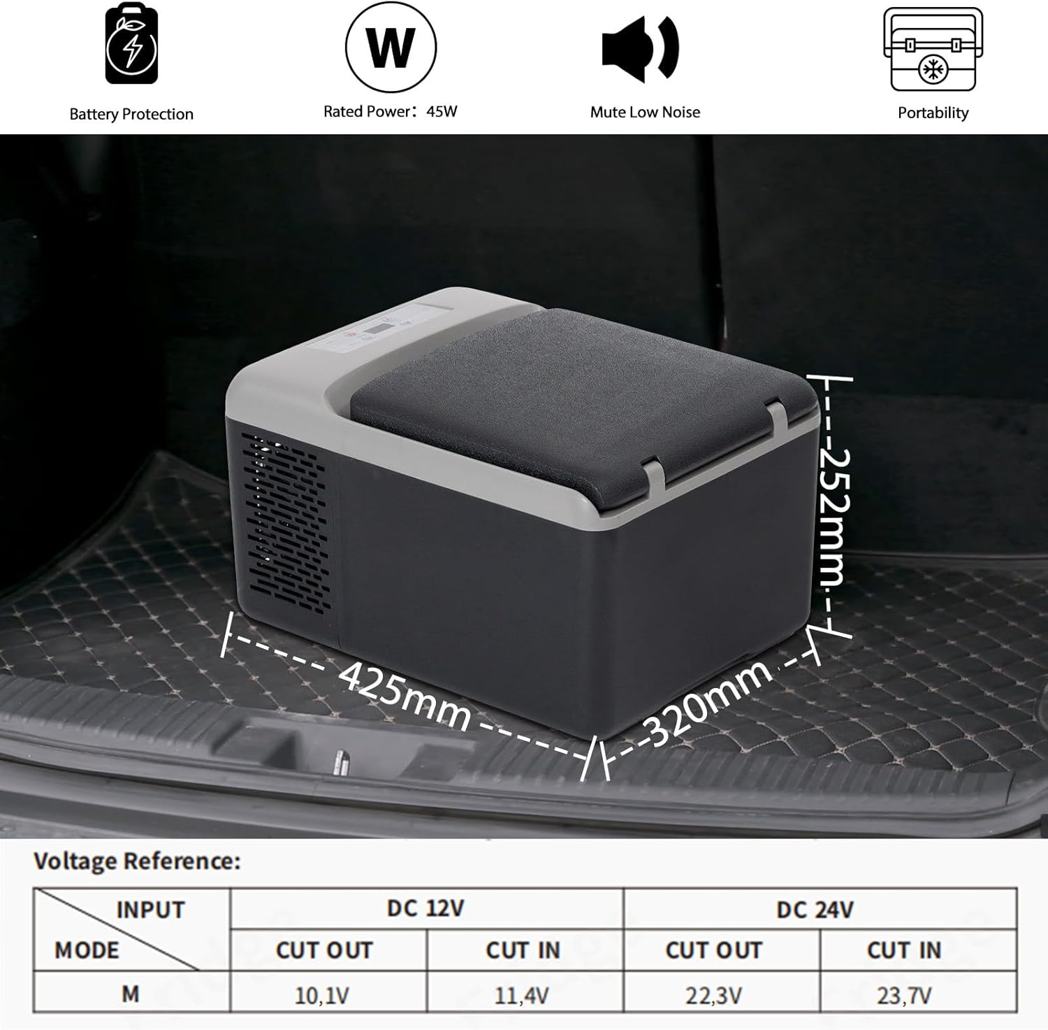 Diagram showing Alpicool C9PT dimensions (425mm length, 320mm width, 252mm height) and voltage reference table for DC 12V and DC 24V cut-out/cut-in values