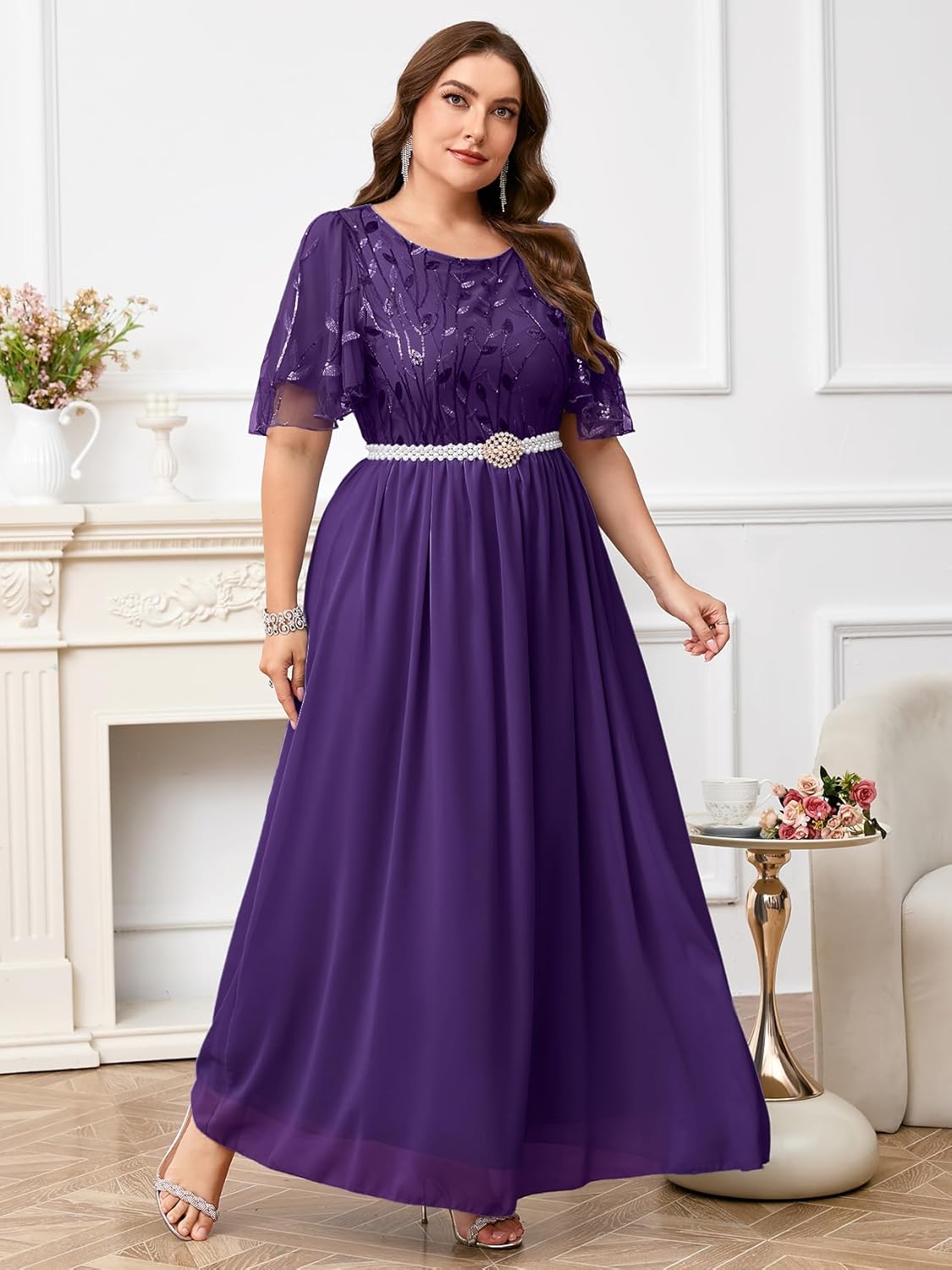 ZOMVA Plus Size 0X-4X Sequin Embroidery Formal Long Dress with Pearl Belt Glitter A Line Prom Wedding Guest Evening Gown - Image 5