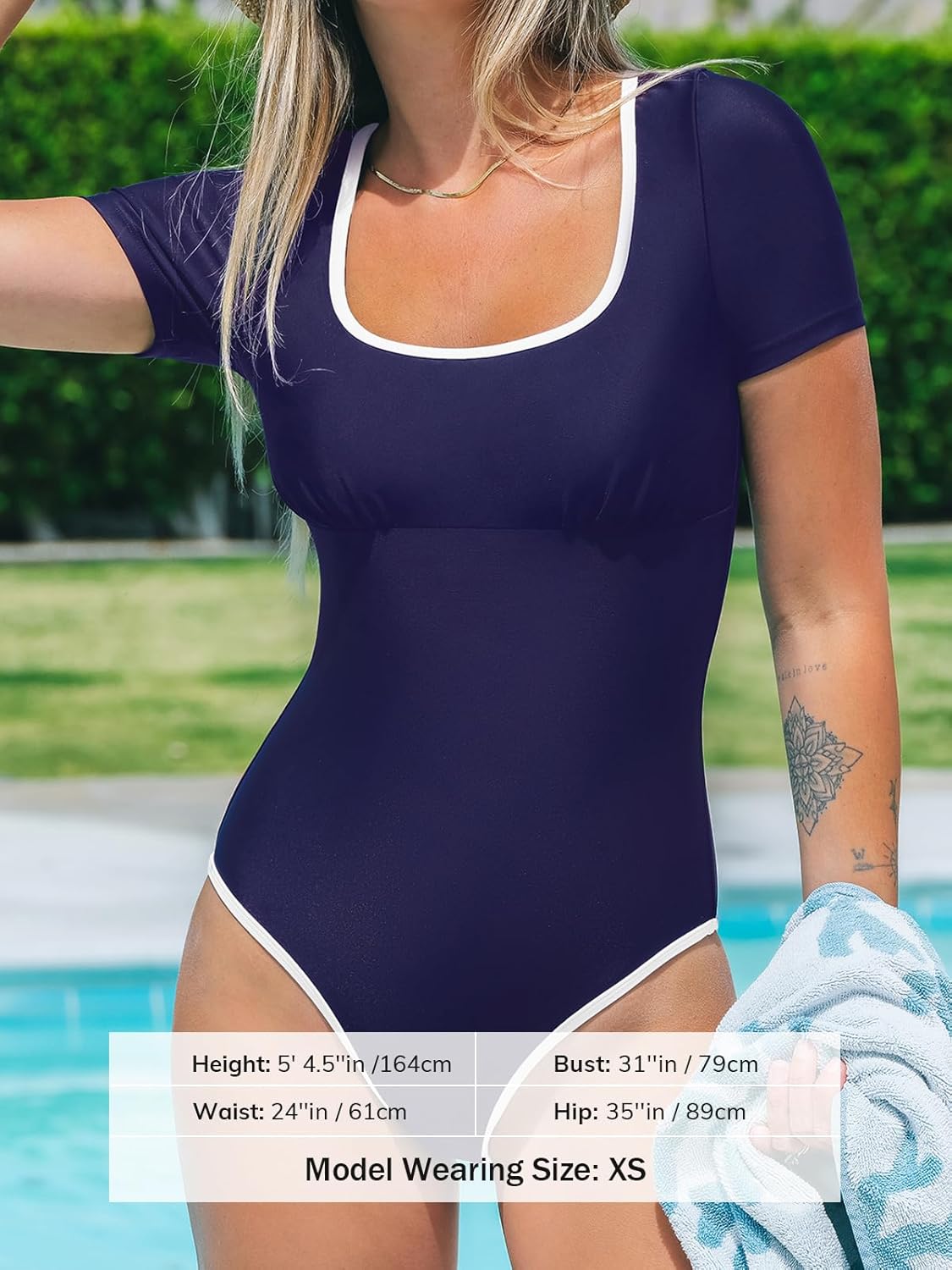 CUPSHE Women's One Piece Swimsuit Quick Dry Rashguard Bathing Suit Short Sleeve Square Neck Color Block Back Zipper - Image 4