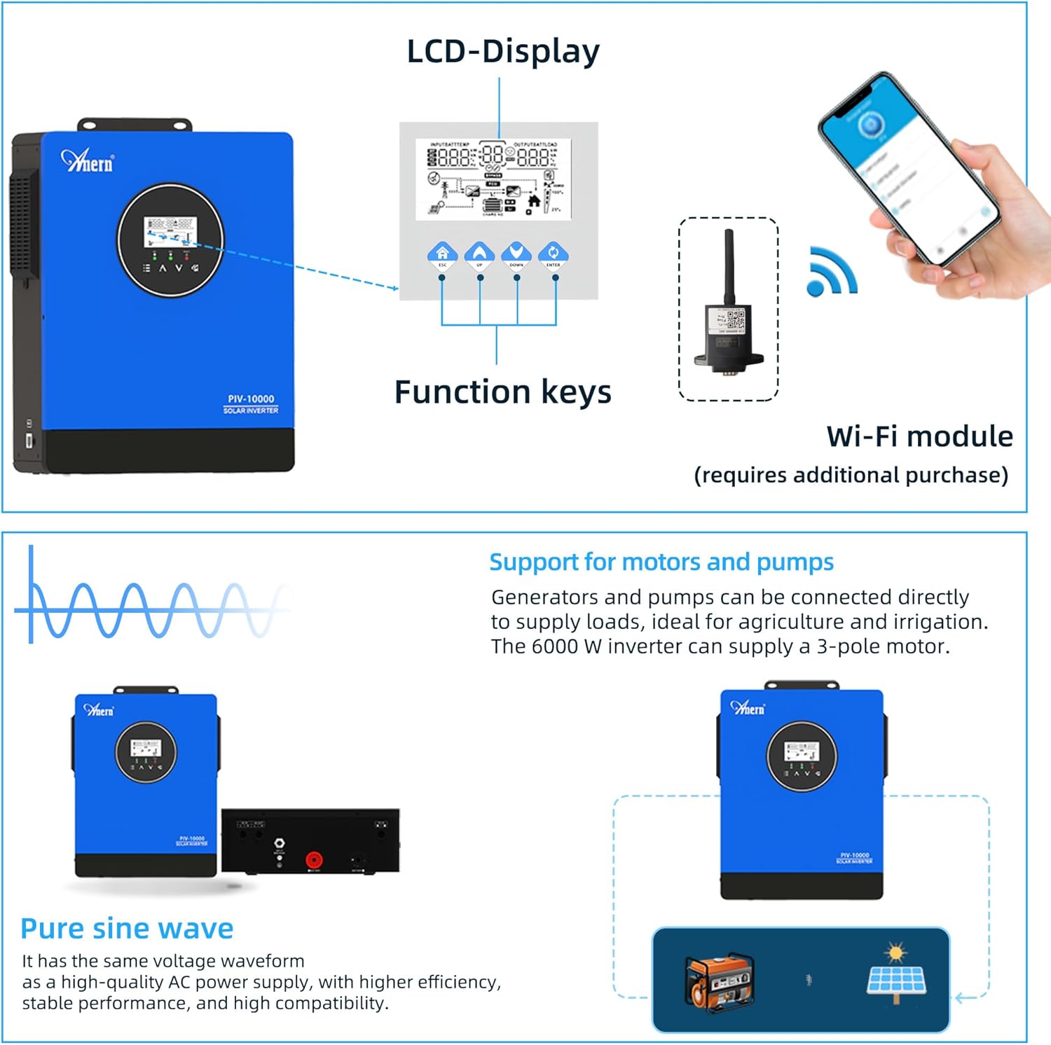 Anern 10KW Solar Inverter AC230V, Off-Grid Pure Sine Wave Inverter with 3 MPPT Solar Charger 13500W Solar Input & Battery-Free Design, Compatible with Water Pump, Generator & Home Appliances