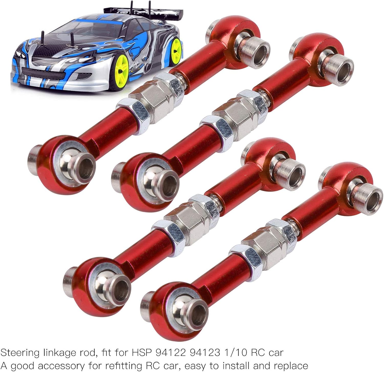 Vbest life 4Pcs RC Steering Linkage Rod, RC Aluminum Alloy Steering Link Rod Upgrade Parts for 94122 1/10 Car(red)