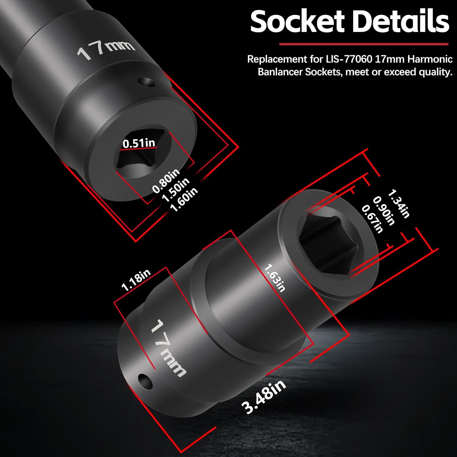 For Honda 17mm Harmonic Balancer Socket Tool 77060 17mm Crank Bolt Socket, 1/2" Drive, 3 Times Momentum Power of Standard Impact Sockets