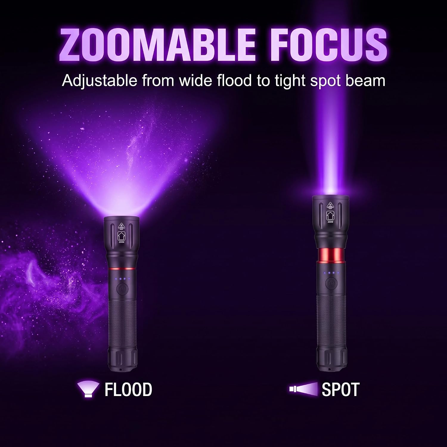 ALONEFIRE X107 UV Flashlight demonstrating flood and spot beam modes